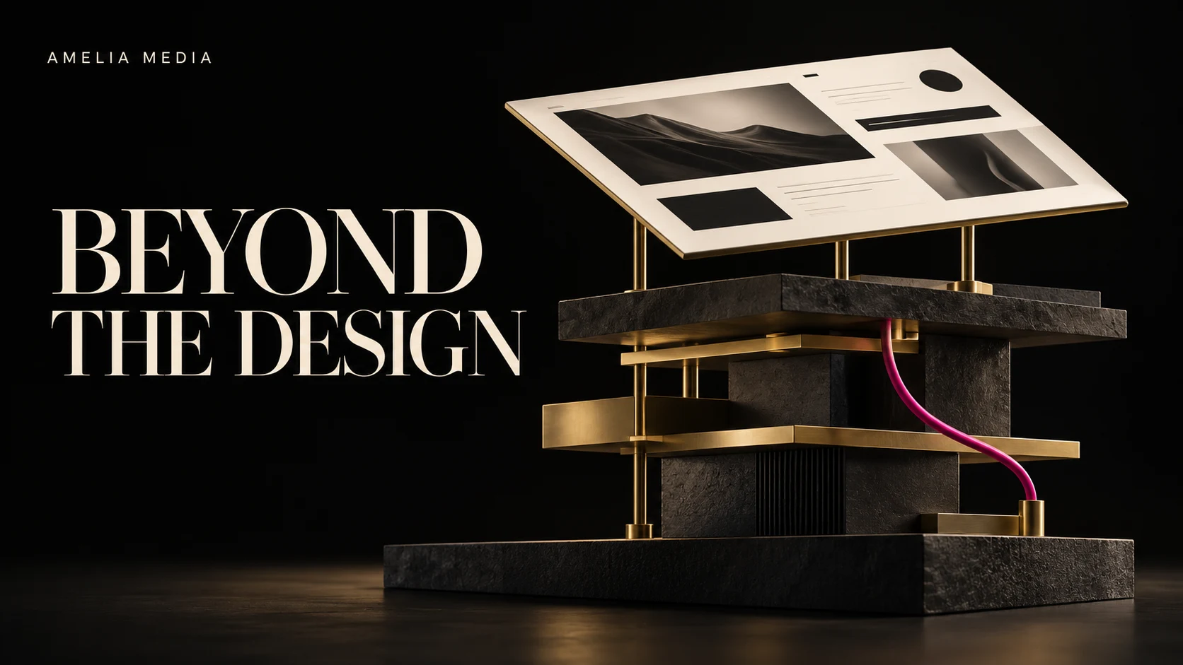 Beyond the Design: a polished website surface supported by layers of black stone, gold structure, and a magenta connection.