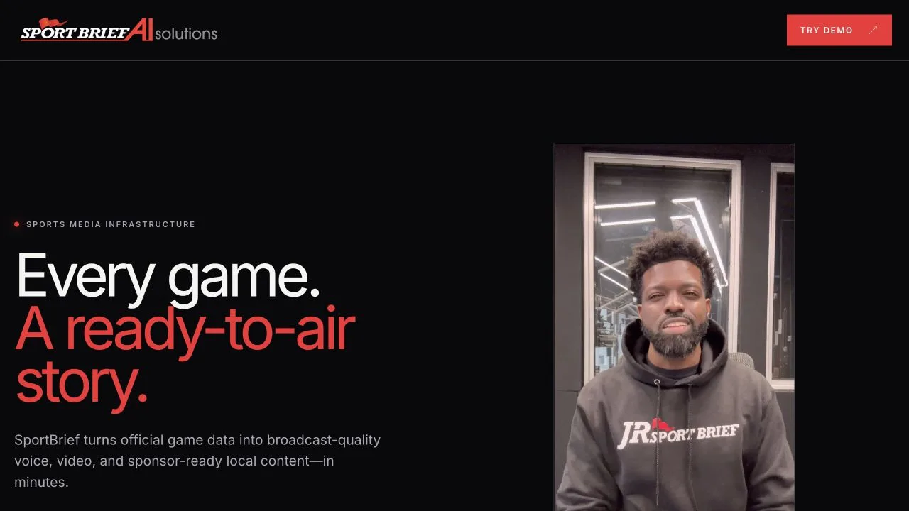 SportBrief AI website showing its sports media positioning